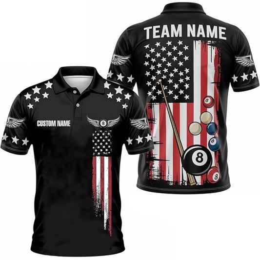 Custom American Flag Billiard Polo Shirt Mens, Custom Patriotic Billiard Team Shirt BIZ0028