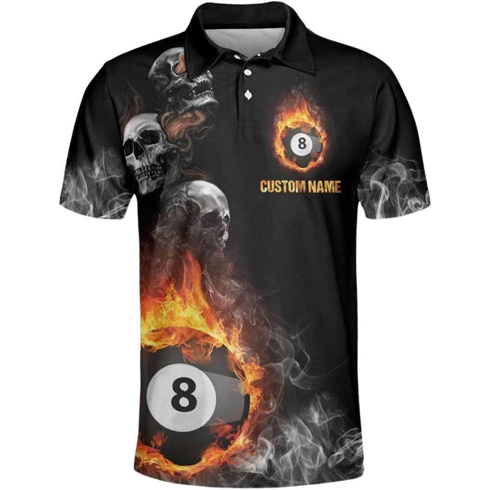 Custom Skull Flame 8 Ball Billiard Polo Shirt Men, Custom Skull Billiard Team Shirt BIZ0029