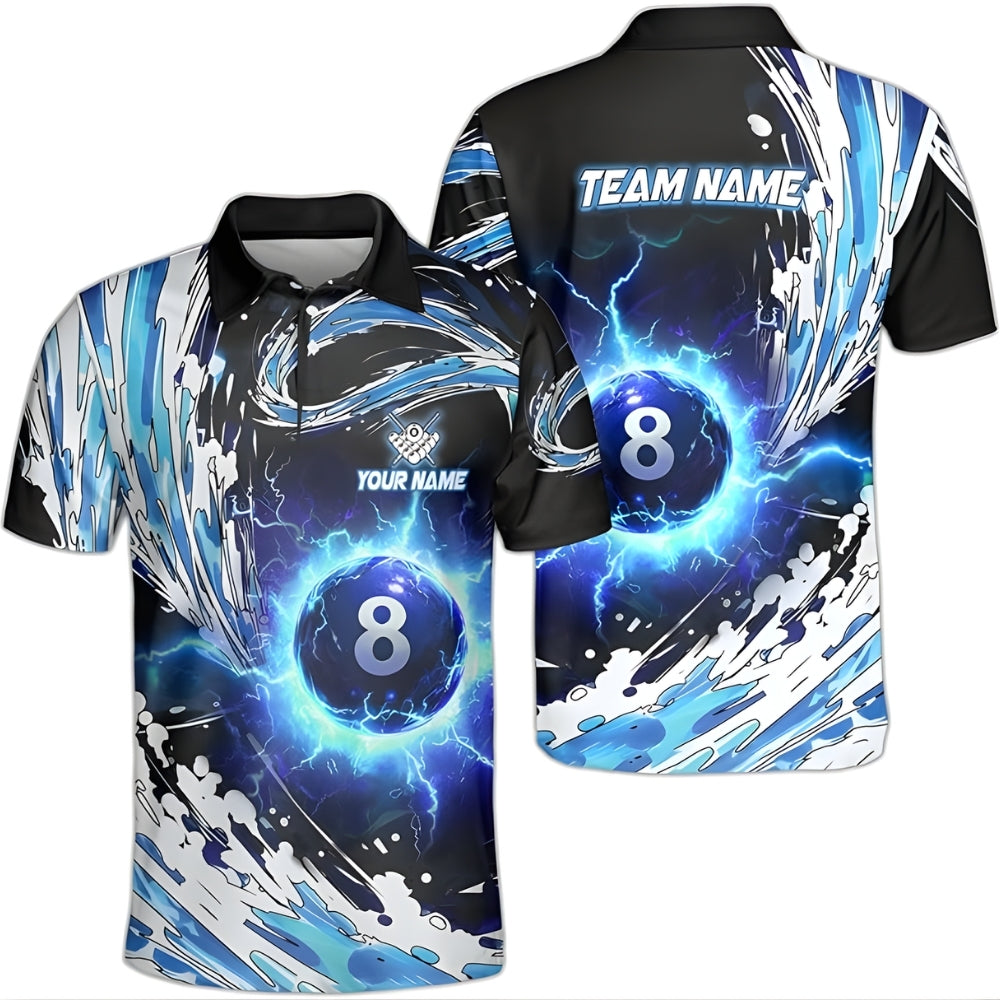 Custom Blue Thunder 8 Ball Billiard Polo Shirt Mens, Custom Thunder Billiard Team Shirts BIZ0031