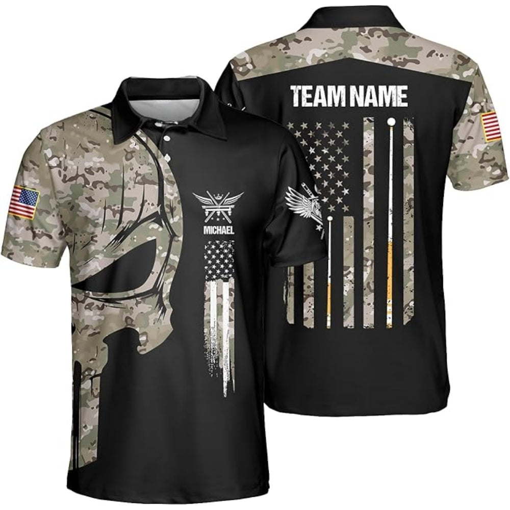 Custom Skull Camo Mens Billiard Polo Shirt, Custom Skull Camo Patriotic Billiard Team Shirts BIZ0037