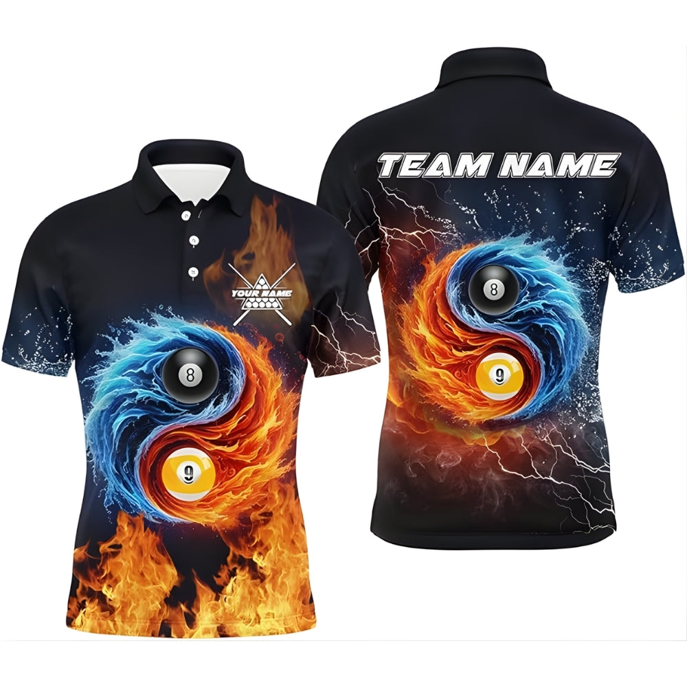 Custom Flame Water 8 Ball And 9 Ball Billiard Polo Shirt Men, Custom Flame Billiard Team Shirts BIZ0039