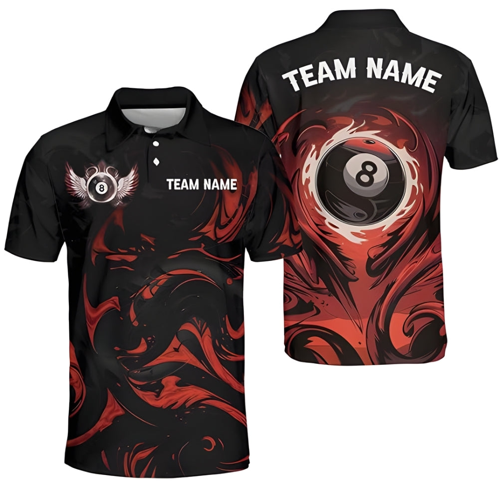 Custom 8 Ball Black Red Billiard Polo Shirt For Men, Custom 8 Ball Billiard Team Shirts BIZ0041