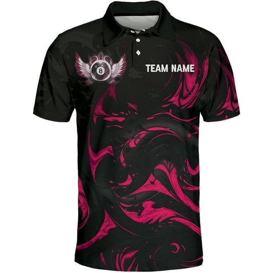 Custom 8 Ball Black Red Billiard Polo Shirt For Men, Custom 8 Ball Billiard Team Shirts BIZ0041