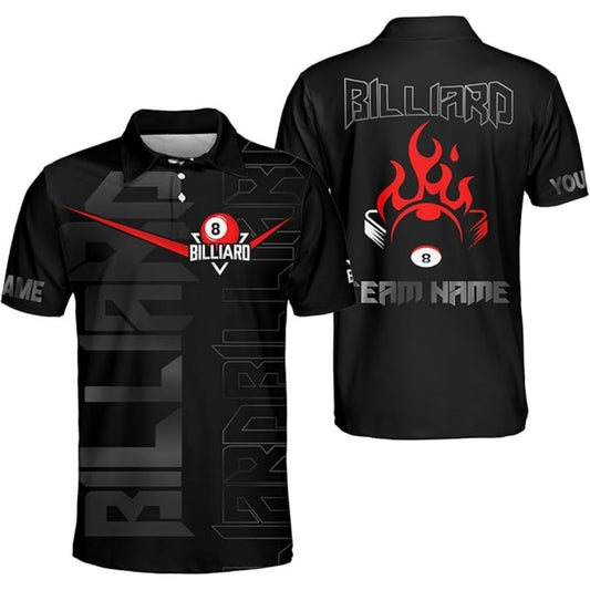 8 Flame Ball Custom Black And Red Billiard Polo Shirt Mens, Custom 8 Ball Pool Team Shirts BIZ0042