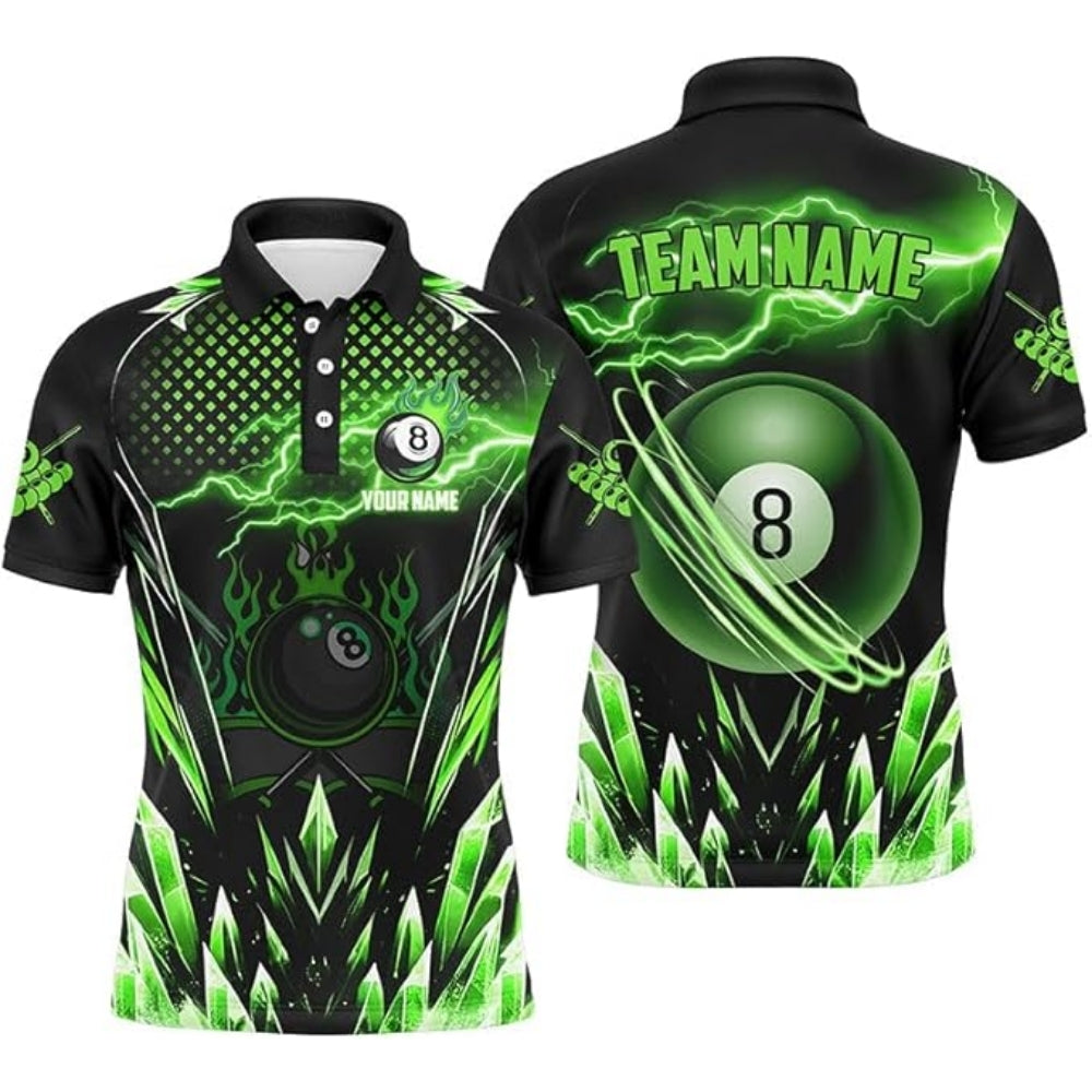 Custom 8 Ball Black And Green Billiard Men Polo Shirt, Custom 8 Ball Billiard Pool Team Shirts BIZ0043
