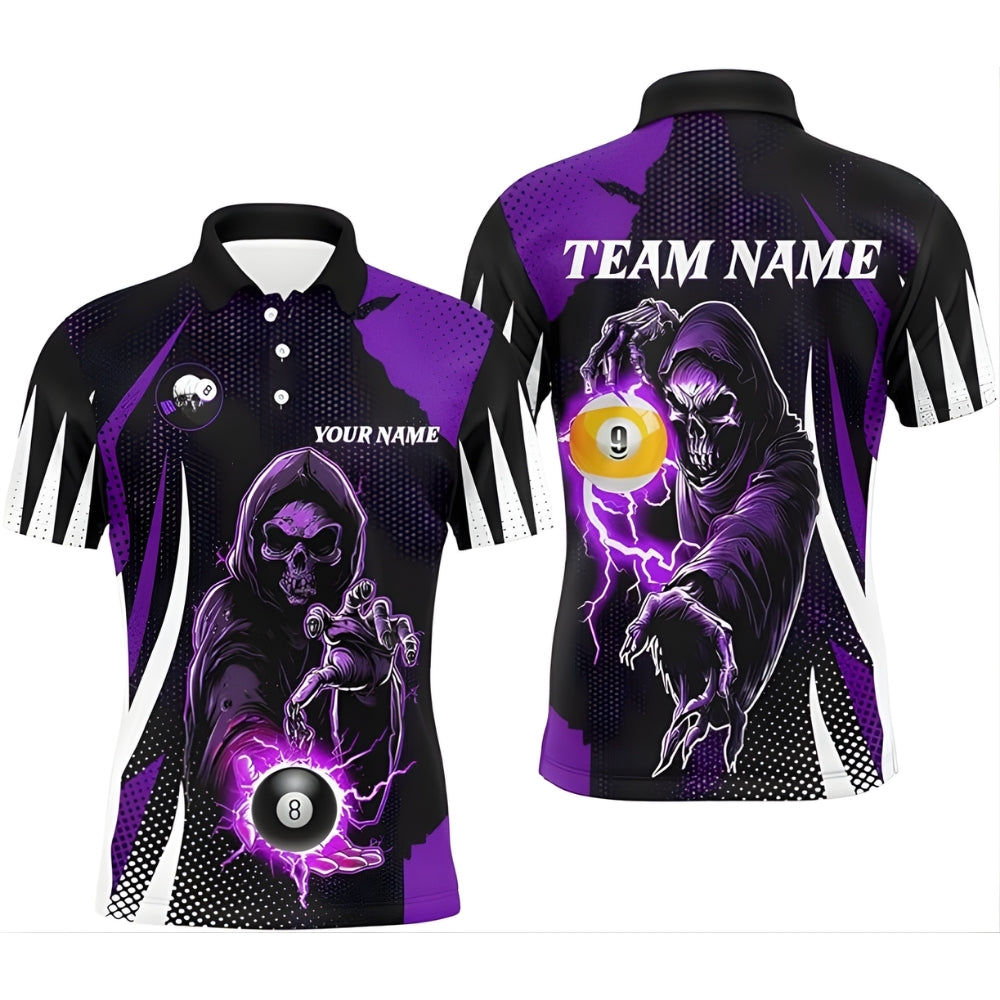 Custom Skull Black Purple Billiard Polo Shirt Mens, Custom Skull Billiard Team Shirts BIZ0044