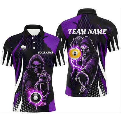 Custom Skull Black Purple Billiard Polo Shirt Mens, Custom Skull Billiard Team Shirts BIZ0044