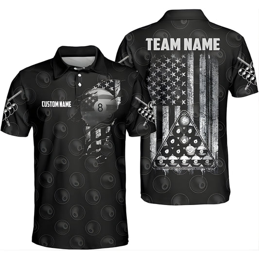 Custom American Flag Billiard Polo Shirt Mens, Custom Black Patriotic Billiard Team Shirt BIZ0049