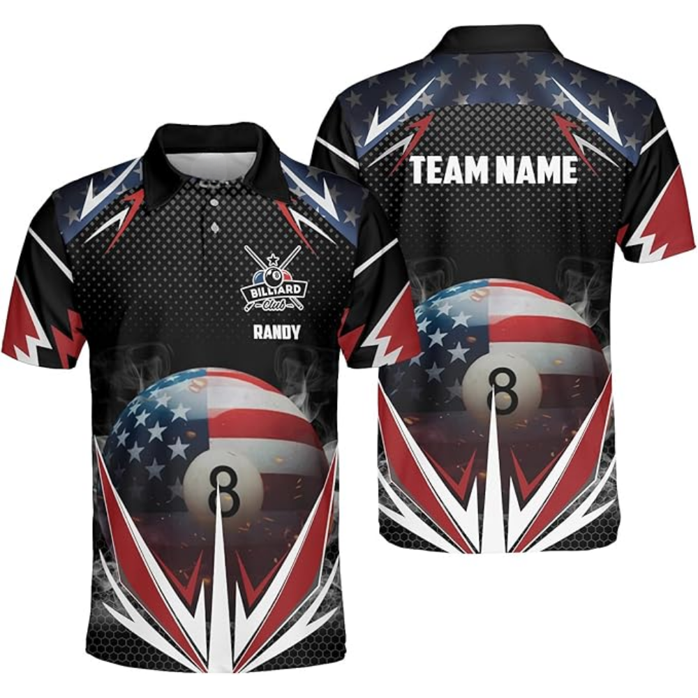 Custom American Flag 8 Ball Billiard Men Polo Shirts, Custom Patriotic Billiard Team Shirts BIZ0055