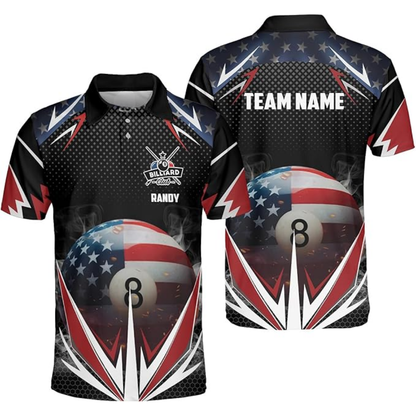 Custom American Flag 8 Ball Billiard Men Polo Shirts, Custom Patriotic Billiard Team Shirts BIZ0055