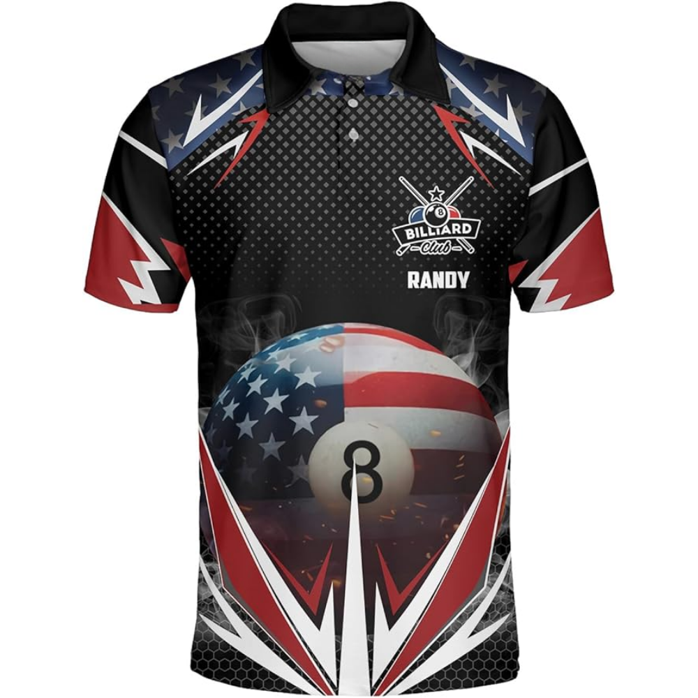 Custom American Flag 8 Ball Billiard Men Polo Shirts, Custom Patriotic Billiard Team Shirts BIZ0055
