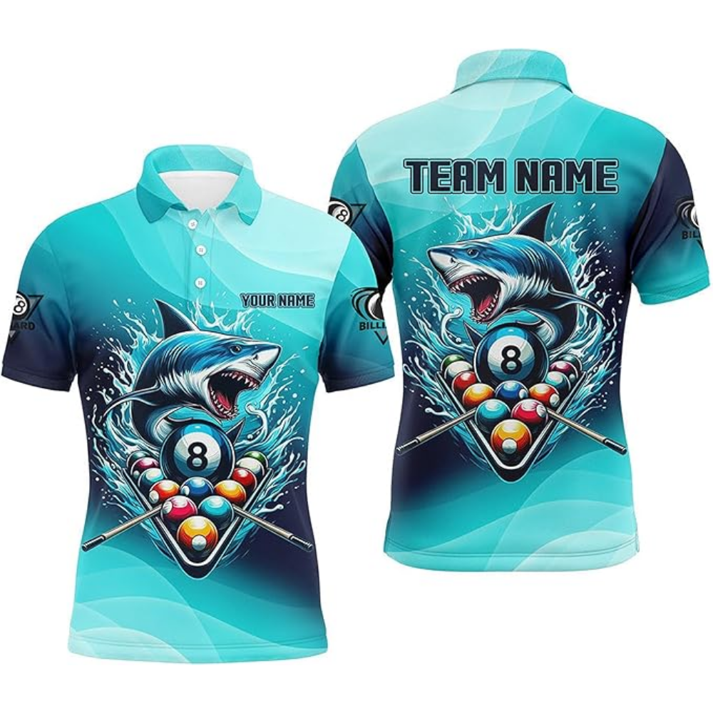 Custom Shark Cyan Billiard Polo Shirt For Men, Custom Shark Billiard Team Shirts BIZ0057
