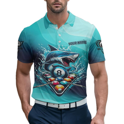 Custom Shark Cyan Billiard Polo Shirt For Men, Custom Shark Billiard Team Shirts BIZ0057