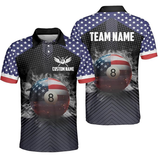 Custom American Flag 8 Ball Billiard Men Polo Shirt, Custom Patriotic Billiards Team Shirts BIZ0058