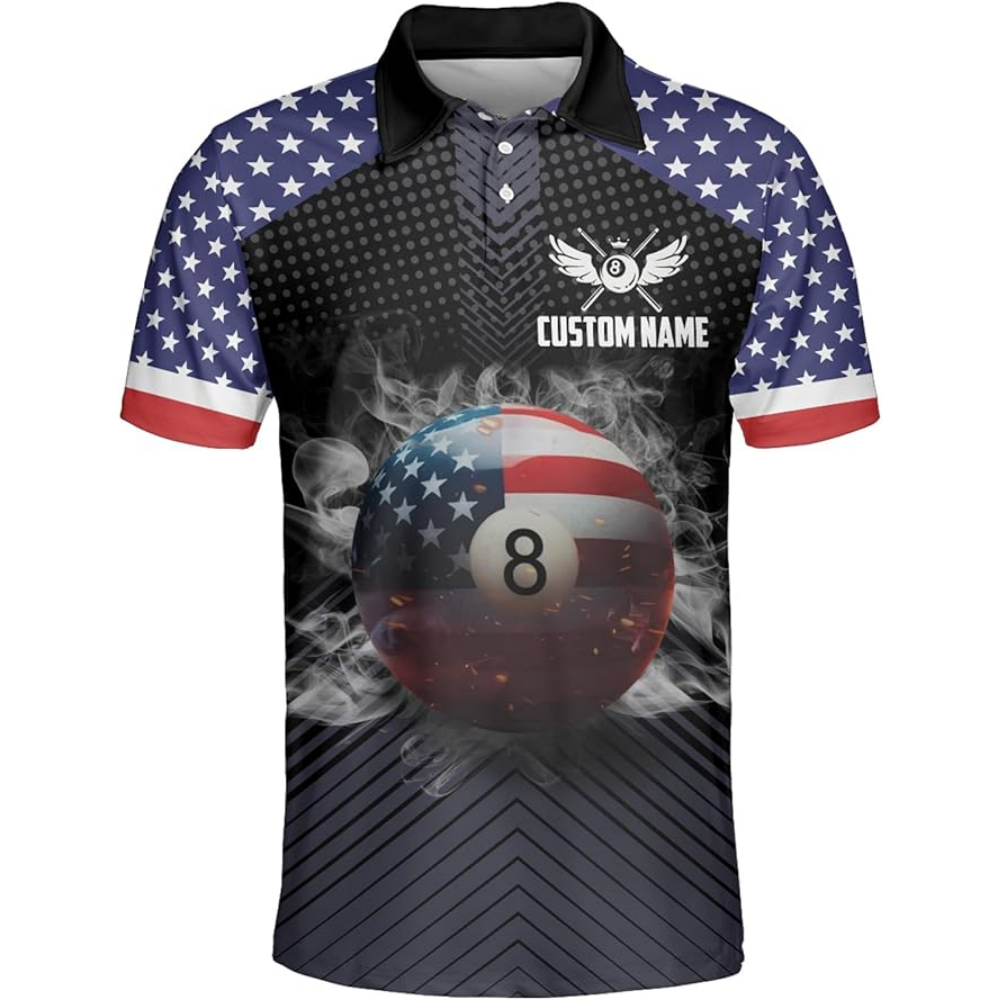 Custom American Flag 8 Ball Billiard Men Polo Shirt, Custom Patriotic Billiards Team Shirts BIZ0058