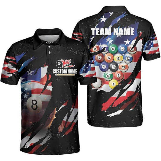 Custom American Flag Black Billiard Polo Shirt For Men, Custom Patriotic Billiard Shirts For Team BIZ0059