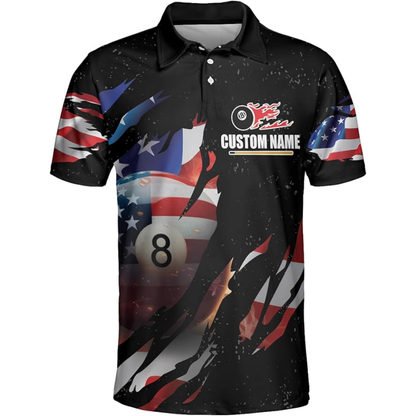 Custom American Flag Black Billiard Polo Shirt For Men, Custom Patriotic Billiard Shirts For Team BIZ0059