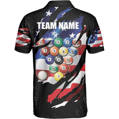 Custom American Flag Black Billiard Polo Shirt For Men, Custom Patriotic Billiard Shirts For Team BIZ0059