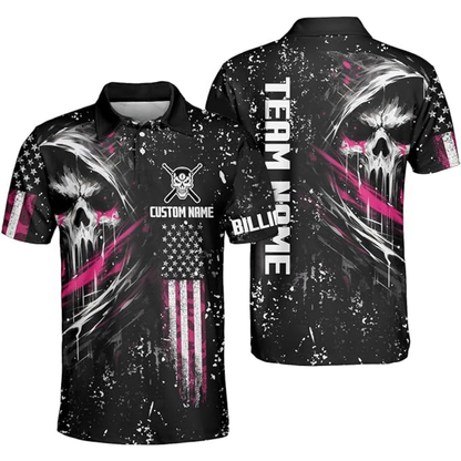 Custom Skull Billiard Men Polo Shirt, Custom Patriotic Skull Billiard Team Shirts BIZ0060