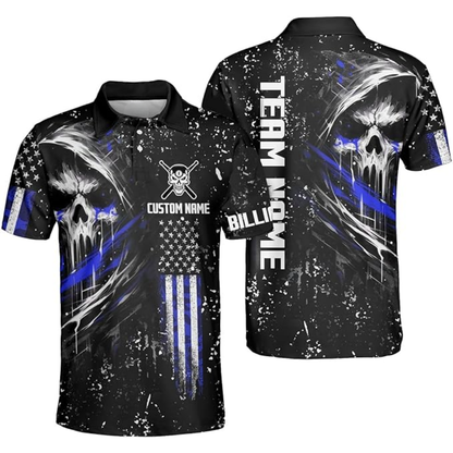 Custom Skull Billiard Men Polo Shirt, Custom Patriotic Skull Billiard Team Shirts BIZ0060