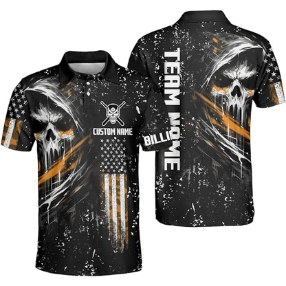 Custom Skull Billiard Men Polo Shirt, Custom Patriotic Skull Billiard Team Shirts BIZ0060