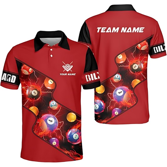 Custom Flame Ball Red Billard Polo Shirts Men, Custom Pool Billiard Team Shirts BIZ0061