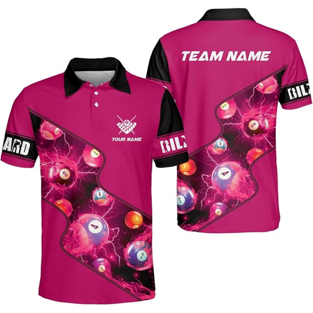 Custom Flame Ball Red Billard Polo Shirts Men, Custom Pool Billiard Team Shirts BIZ0061