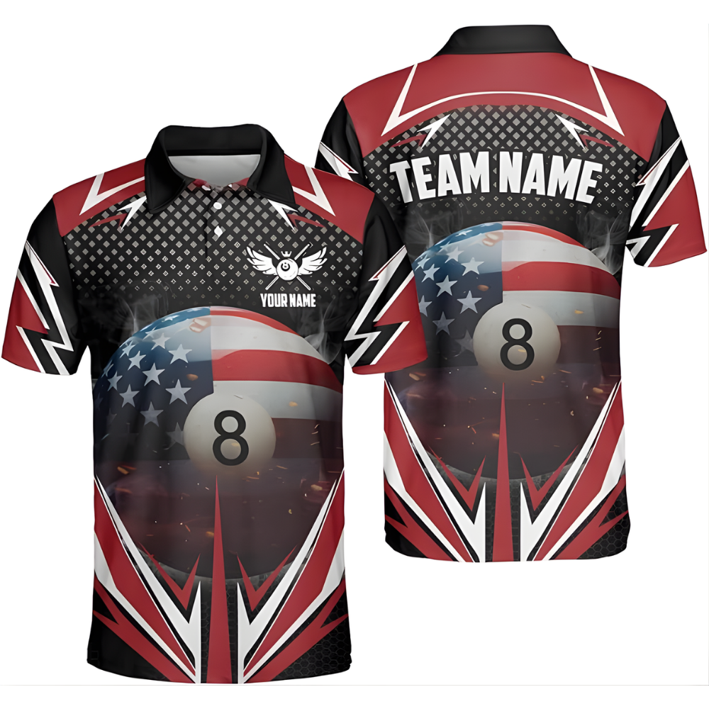 Custom 8 Ball USA Flag Billiard Polo Shirts For Men, Custom Patriotic Pool Billiard Team Shirts BIZ0064