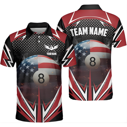 Custom 8 Ball USA Flag Billiard Polo Shirts For Men, Custom Patriotic Pool Billiard Team Shirts BIZ0064