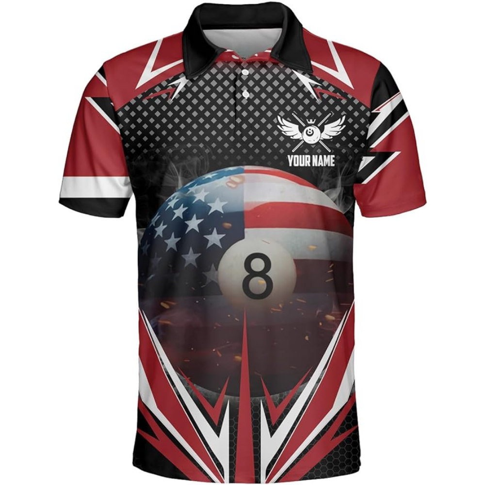 Custom 8 Ball USA Flag Billiard Polo Shirts For Men, Custom Patriotic Pool Billiard Team Shirts BIZ0064