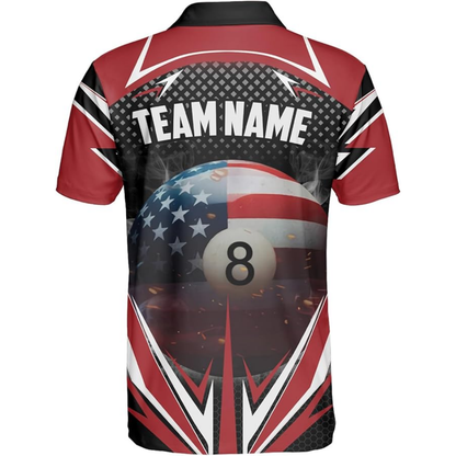 Custom 8 Ball USA Flag Billiard Polo Shirts For Men, Custom Patriotic Pool Billiard Team Shirts BIZ0064
