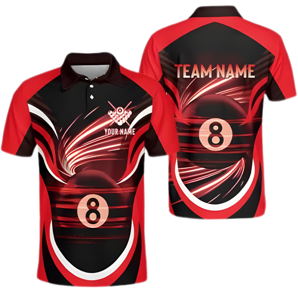 8 Ball Custom Black Red Billiard Men Polo Team Shirts, Custom Pool Billiard Team Shirts BIZ0065