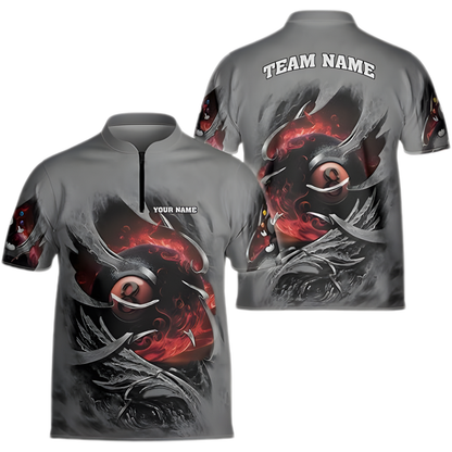 Custom Grey And Red Flaming 8 Ball Billiard Jersey For Men, Custom 8 Ball Billiard Team Shirts BIZ0070