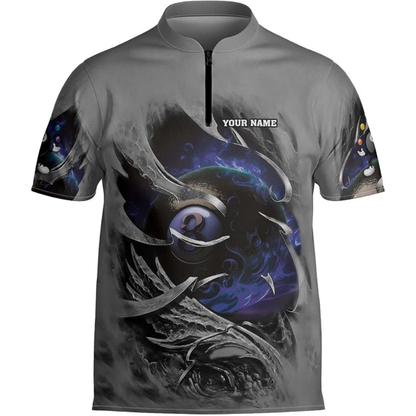 Custom Grey And Red Flaming 8 Ball Billiard Jersey For Men, Custom 8 Ball Billiard Team Shirts BIZ0070