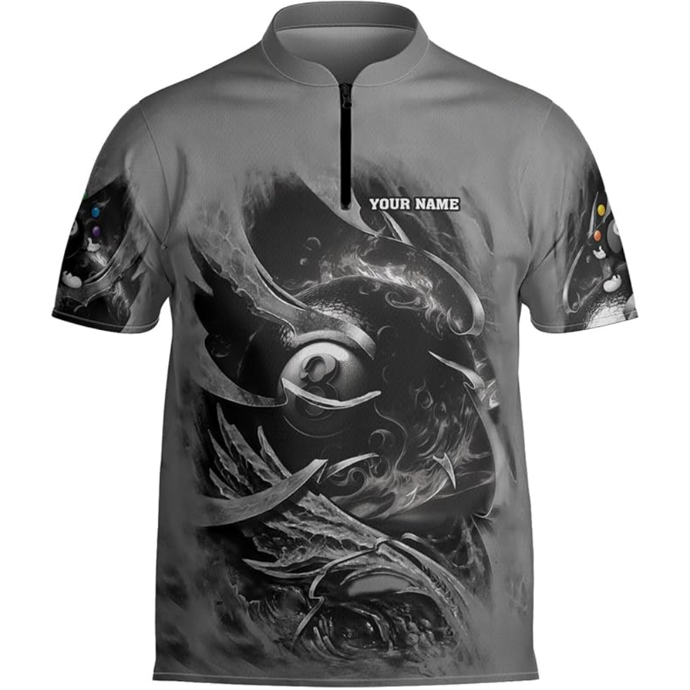 Custom Grey And Red Flaming 8 Ball Billiard Jersey For Men, Custom 8 Ball Billiard Team Shirts BIZ0070