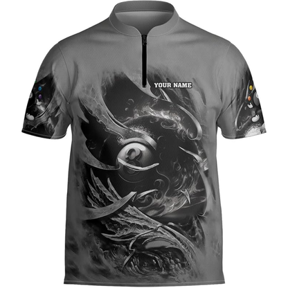 Custom Grey And Red Flaming 8 Ball Billiard Jersey For Men, Custom 8 Ball Billiard Team Shirts BIZ0070