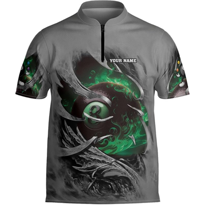 Custom Grey And Red Flaming 8 Ball Billiard Jersey For Men, Custom 8 Ball Billiard Team Shirts BIZ0070