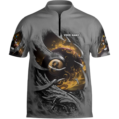 Custom Grey And Red Flaming 8 Ball Billiard Jersey For Men, Custom 8 Ball Billiard Team Shirts BIZ0070