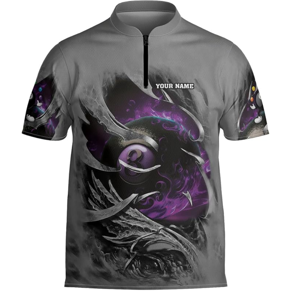 Custom Grey And Red Flaming 8 Ball Billiard Jersey For Men, Custom 8 Ball Billiard Team Shirts BIZ0070