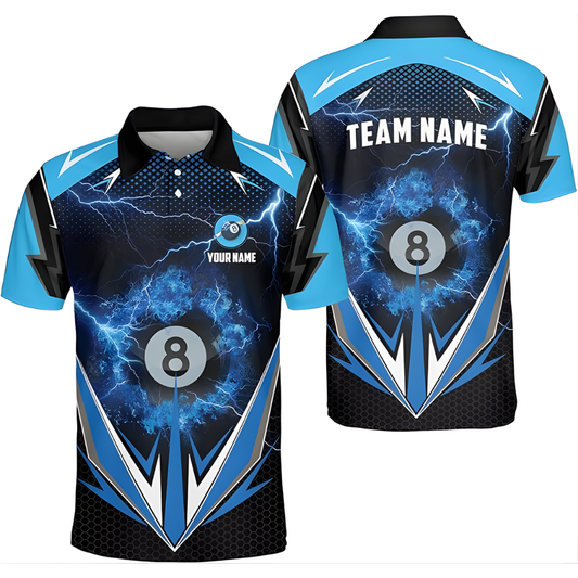 Custom Thunder 8 Ball Black Blue Billiard Polo Shirt For Men, Custom Thunder Billiard Team Shirts BIZ0073