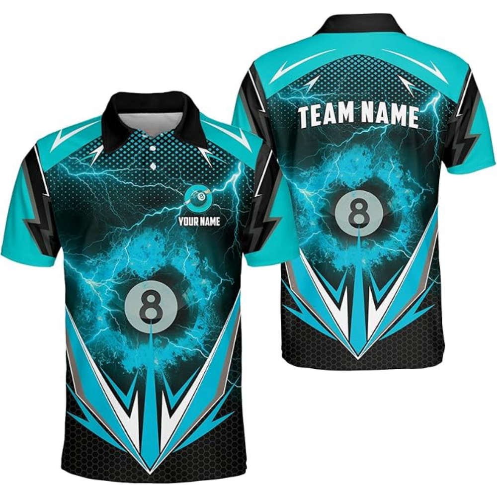 Custom Thunder 8 Ball Black Blue Billiard Polo Shirt For Men, Custom Thunder Billiard Team Shirts BIZ0073