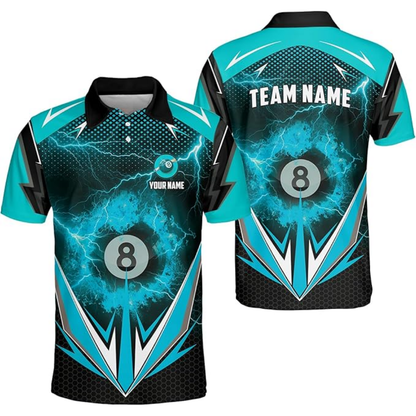 Custom Thunder 8 Ball Black Blue Billiard Polo Shirt For Men, Custom Thunder Billiard Team Shirts BIZ0073