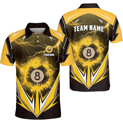Custom Thunder 8 Ball Black Blue Billiard Polo Shirt For Men, Custom Thunder Billiard Team Shirts BIZ0073