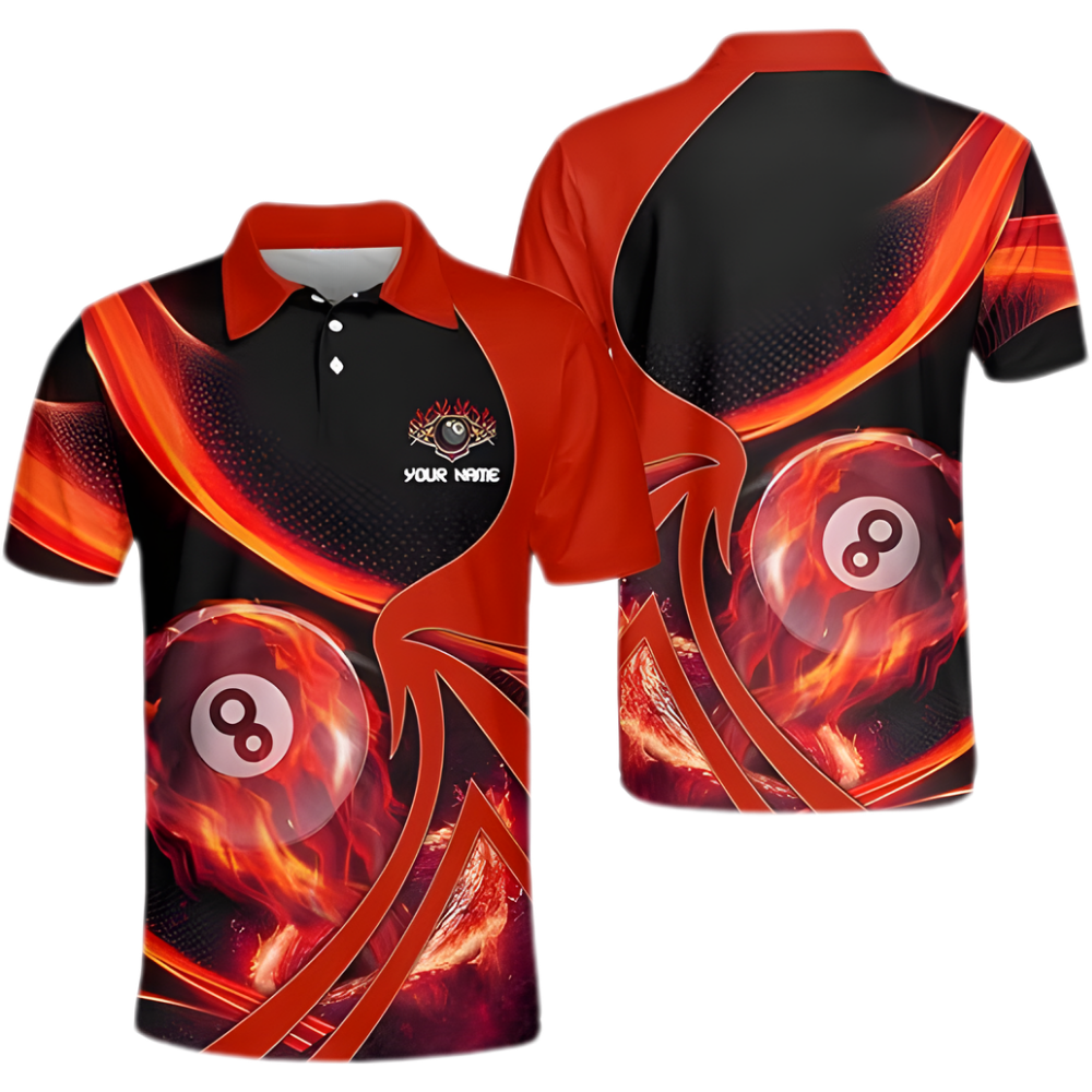 Flame 8 Ball Custom Black and Red Billiard Men Polo Shirts, Custom Flame Billiard Shirts For Team BIZ0075