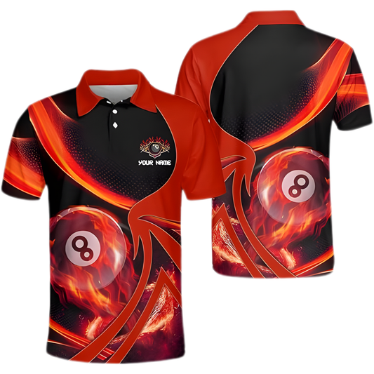 Flame 8 Ball Custom Black and Red Billiard Men Polo Shirts, Custom Flame Billiard Shirts For Team BIZ0075