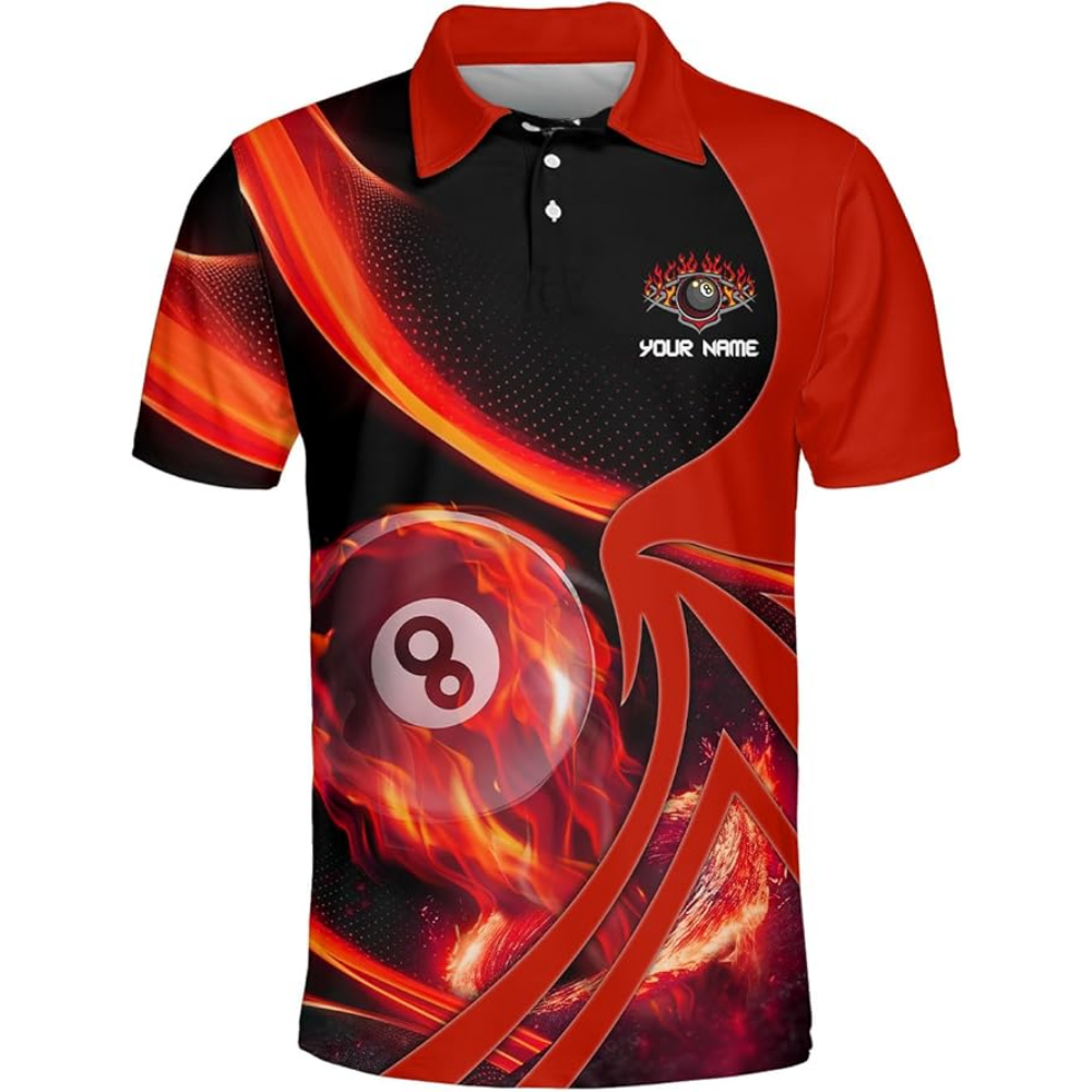 Flame 8 Ball Custom Black and Red Billiard Men Polo Shirts, Custom Flame Billiard Shirts For Team BIZ0075
