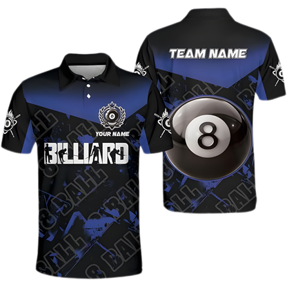 Custom 8 Ball Black Blue Billiard Shirts For Men, Custom 8 Ball Billiard Team Shirts BIZ0077