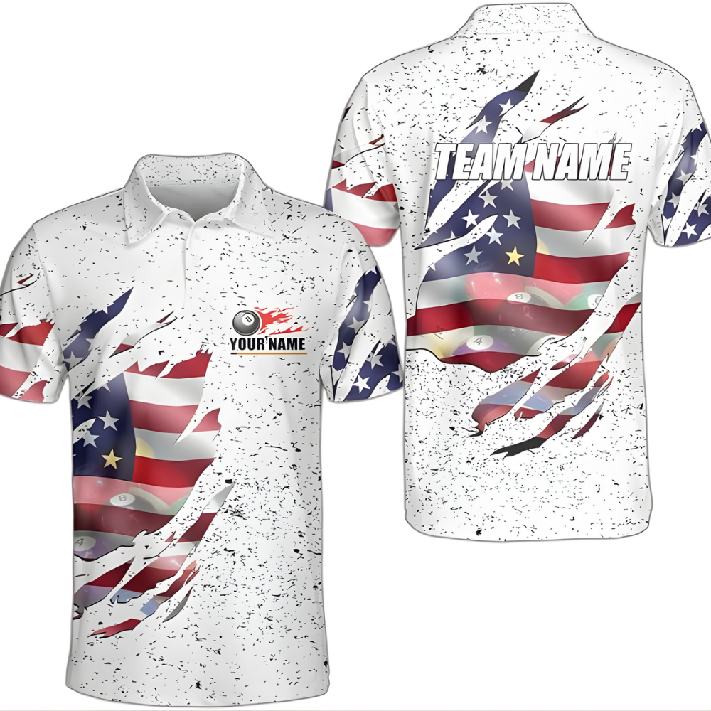 Custom American Flag Billiard Polo Shirt Men, Custom Patriotic Billiard Team Shirts BIZ0078