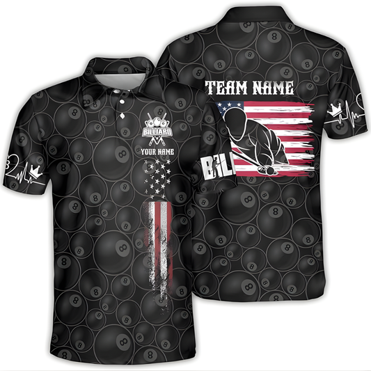 Custom American Flag 8 Ball Black Billiard Men Polo Shirts, Custom Patriotic Pool Billiard Team Shirts BIZ0079