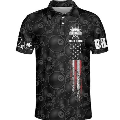 Custom American Flag 8 Ball Black Billiard Men Polo Shirts, Custom Patriotic Pool Billiard Team Shirts BIZ0079